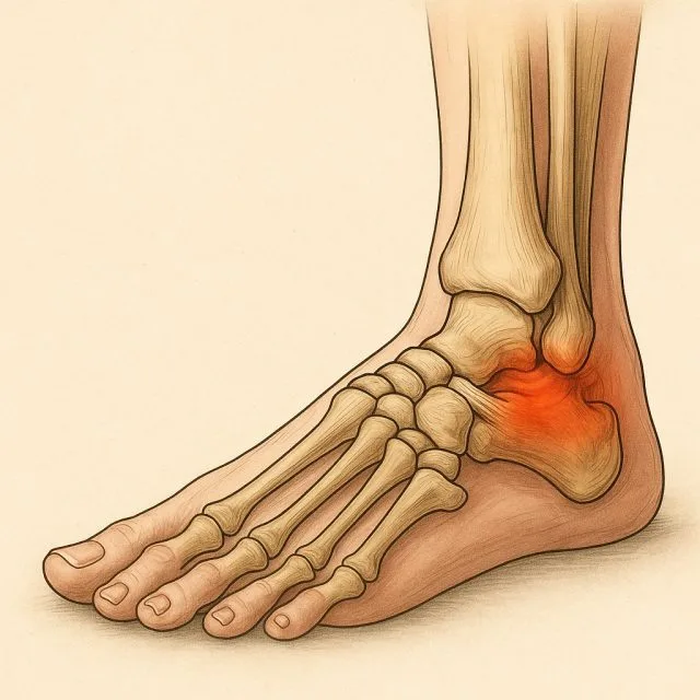 Detailed medical illustration showing ligament injury and inflammation during an ankle sprain