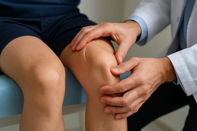 Bir doktor, oturur pozisyondaki hastanın dizini elleriyle dikkatlice muayene ediyor.